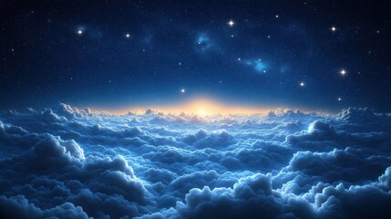 Fototapeta premium Night sky above vast clouds. Sunrise sunset light glows through clouds. Starry night. Mysterious, peaceful atmosphere. Dreamlike, magical feeling. Ideal for posters, wallpapers, design projects.