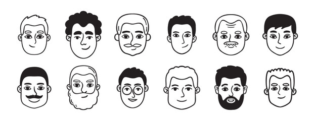 men portraits male doodles set doodle hand drawn icon set. Outline drawing man heads and faces line clipart symbol collection.