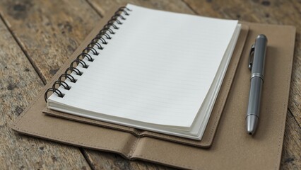 Rustic spiral notebook with kraft cover and curled pages resting on wooden table next to silver pen