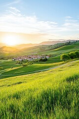 Obraz premium Charming sunset over rustic village surrounded by green grass serene landscape warm atmosphere