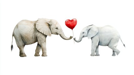 Obraz premium Elephants Sharing a Heart Balloon - Two elephants, one large and one small, share a red heart-shaped balloon, symbolizing love, friendship, affection, sharing, and tenderness.