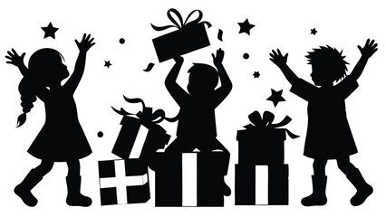 silhouette of excited children opening gifts on Christmas morning