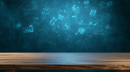 digital chalkboard with glowing math formulas and wooden table