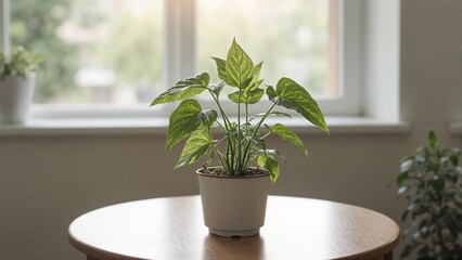 Fototapeta premium Lush green houseplant in ceramic pot on wooden table with sunlight