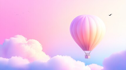 Naklejka premium Beautiful pastel hot air balloon floating over dreamy clouds under a soft pink sky during sunrise or sunset in a serene landscape