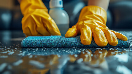 cleaning, hand in yellow glove wipes surface with blue cloth, house cleaning