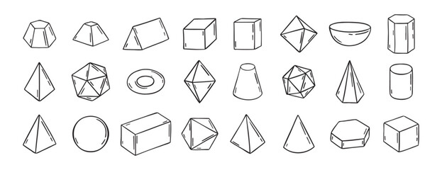 Fototapeta premium Three dimensional Hand Drawn Sketch Geometry Shapes. Doodle outline 3d geometry shapes. 