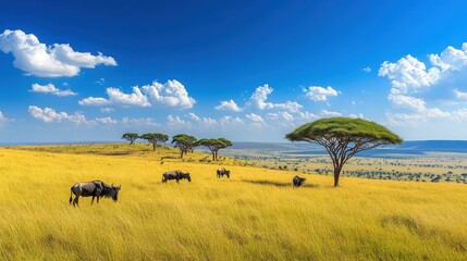 Obraz premium Scenic view of wildlife grazing on open savanna, with golden grasses and acacia trees in the background.