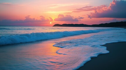 Fototapeta premium Serene beach at sunset, waves gently crashing and silhouettes of distant islands.