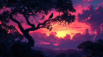 Obraz premium Silhouette of a creature perched high in a tree against a colorful sunset sky.