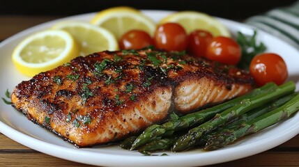 Pan-seared salmon fillet with asparagus, lemon, and tomatoes.