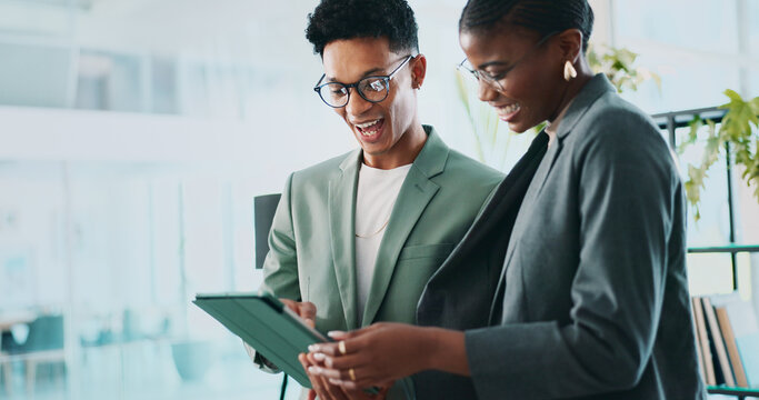 Collaboration, research and tablet with business people in office for sustainability manager, eco consultant and planning. Environment policy, climate change solution and teamwork with employees