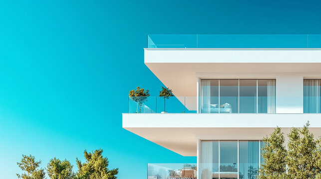 Detail of modern residential apartment flat building exterior showcasing a luxury home complex with sleek design and city real estate. A fragment of upscale architecture with blue sky and copy space