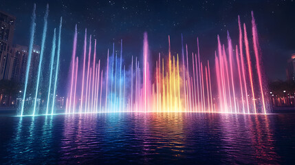 Colorful Night Fountain Show  Illuminated Water Jets