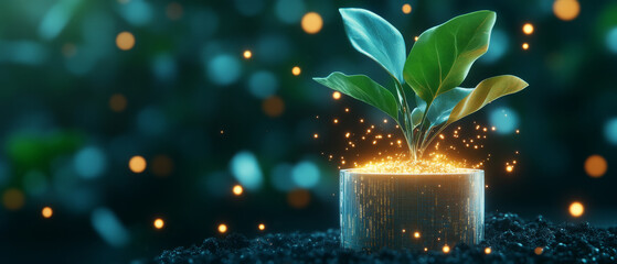 glowing plant sprouting from wooden pot, surrounded by magical sparkles