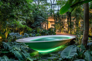 glowing water filtration system in lush garden setting, surrounded by vibrant greenery and illuminated by soft lights, creates serene atmosphere