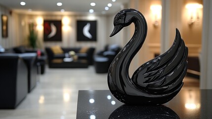 Black swan figurine on a marble surface in a luxurious lobby.