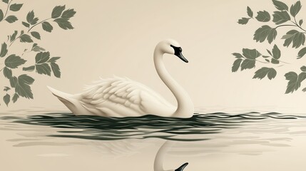 Obraz premium Elegant white swan gracefully swimming on calm water, framed by leaves.