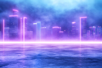 Fototapeta premium Futuristic cityscape with neon lights and misty atmosphere, creating vibrant and surreal environment