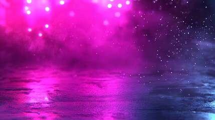 Vibrant pink and purple lights create mystical atmosphere with mist and reflections