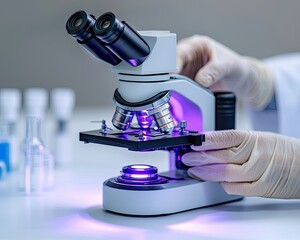 Celebrating Women’s Achievements in Science visualized as a clean lab bench showcasing precise hands calibrating an advanced microscope, surrounded by subtle glowing scientific tools