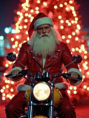A rugged 1960s Santa with a rebellious attitude, wearing a leather jacket over his red suit, sitting on a retro motorcycle in front of a neon-lit Christmas tree
