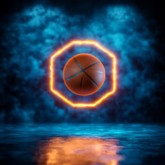 Fototapeta premium glowing basketball spins midair, surrounded by vibrant neon aura
