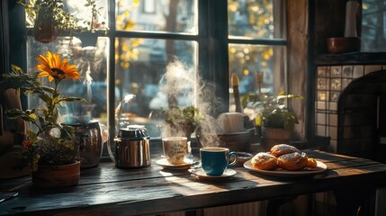 Sunlit breakfast nook with steaming mugs and pastries on a rustic table.