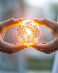 Promoting Gender Equality in Scientific Fields captured as a close-up of two hands--one female, one male--holding a glowing scientific tool together, symbolizing collaboration and equality