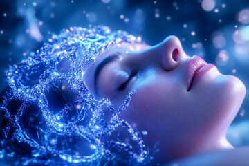 Fototapeta premium serene woman with glowing headpiece rests peacefully, surrounded by soft blue light