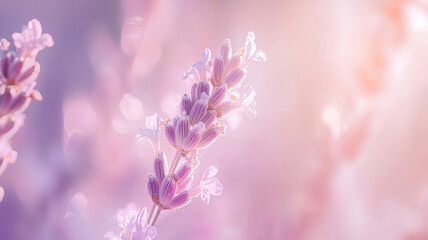 Obraz premium A macro capture of fresh lavender flowers, showcasing their delicate purple hues and intricate details, set against a softly blurred background, evoking a calming and aromatic atmosphere. 