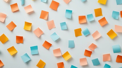 Obraz premium Colorful arrangement of sticky notes in various hues scattered on a white surface, ideal for brainstorming sessions and creative projects