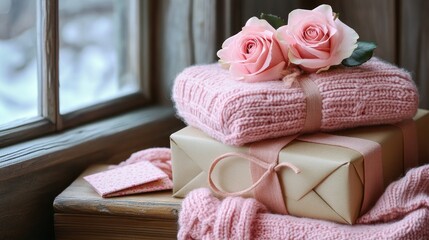 Pink gifts and roses on window sill.