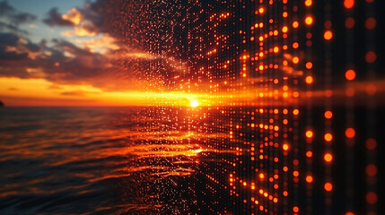 A dynamic data technology background showcasing big data visualization and the flow of information, symbolizing the interconnectedness of data, code, and digital transformation in a matrix-style desig