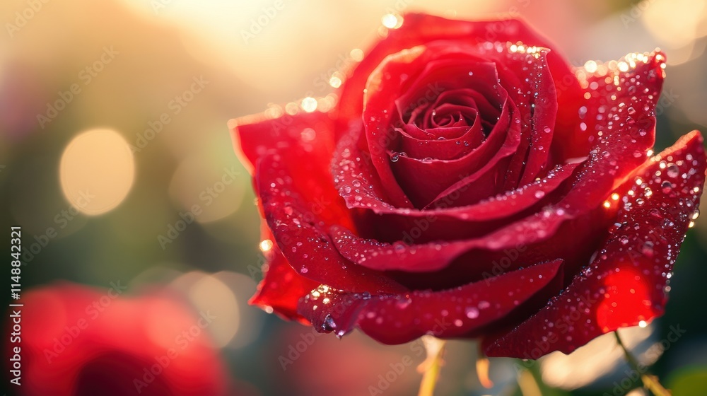 Wall mural Dew-Kissed Red Rose in Golden Hour