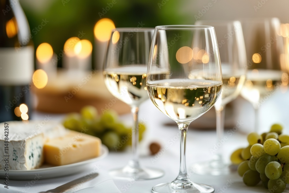 Poster elegant wine and cheese setting for a gathering with friends and family at a beautifully arranged ta