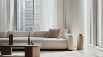 Modern minimalist living room with sleek, refined design. Featuring clean lines and soft tones