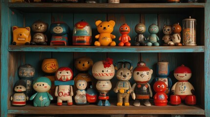 Fototapeta premium Vintage toy collection displayed on a shelf, evoking nostalgia with bright colors and shapes.