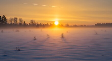 A snowy New Year&rsquo;s morning with the sun rising over a quiet, peaceful landscape.