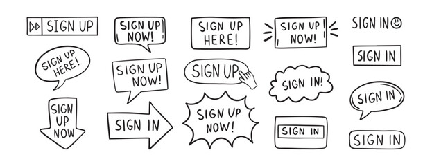 sign up text icon. Sign in doodle hand drawn icon set. Outline drawing line clipart symbol
