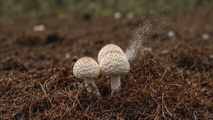 Obraz premium Group of puffball mushrooms on pine needle forest floor one puffball releasing spores