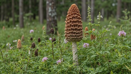 Elegant morel mushroom in forest clearing with ferns and wildflowers