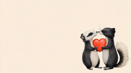 Loving Skunks and Heart Gift - Two adorable skunks share a tender moment, exchanging a heart-shaped gift. Symbolizing love, affection, friendship, Valentine's Day, and togetherness.