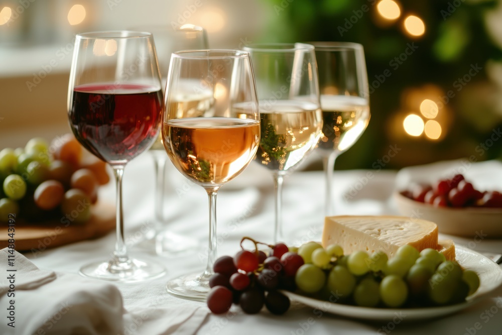 Poster elegant table setting with wine glasses, cheese platter, and assorted grapes for a festive gathering
