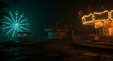 Obraz premium A spooky, abandoned carnival at night, with dilapidated rides and flickering lights.