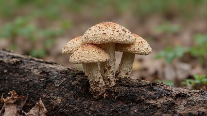 Fototapeta premium Close up of shiitake mushrooms growing on weathered wood showcasing cracked caps and earthy tones