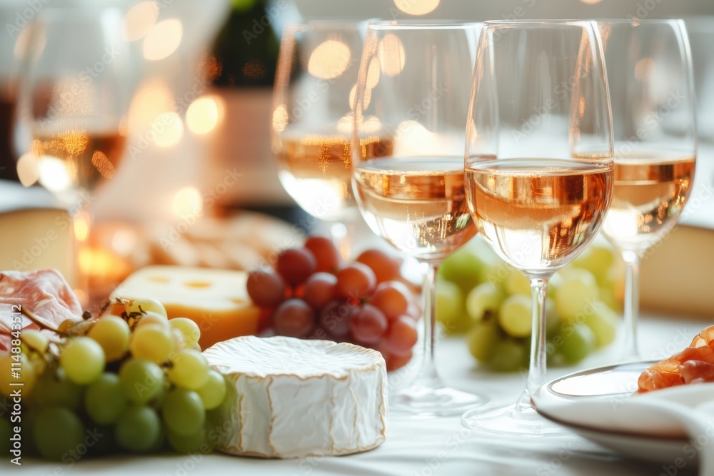 Poster elegant table setting with wine glasses, cheese platter, and fresh grapes for a delightful gathering