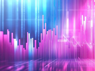 Abstract digital visualization with colorful neon bars and lines depicting data analysis, futuristic design elements, and technological aesthetics