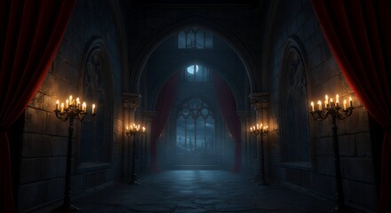 A vampire’s castle with dark red velvet curtains, glowing candelabras, and ancient stone walls.