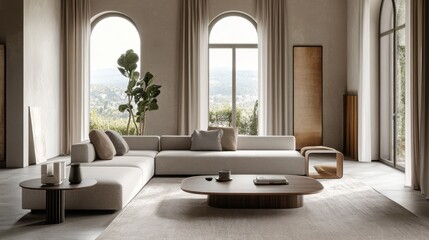 Modern minimalist living room with sleek, spacious decor. Featuring clean lines and neutral colors